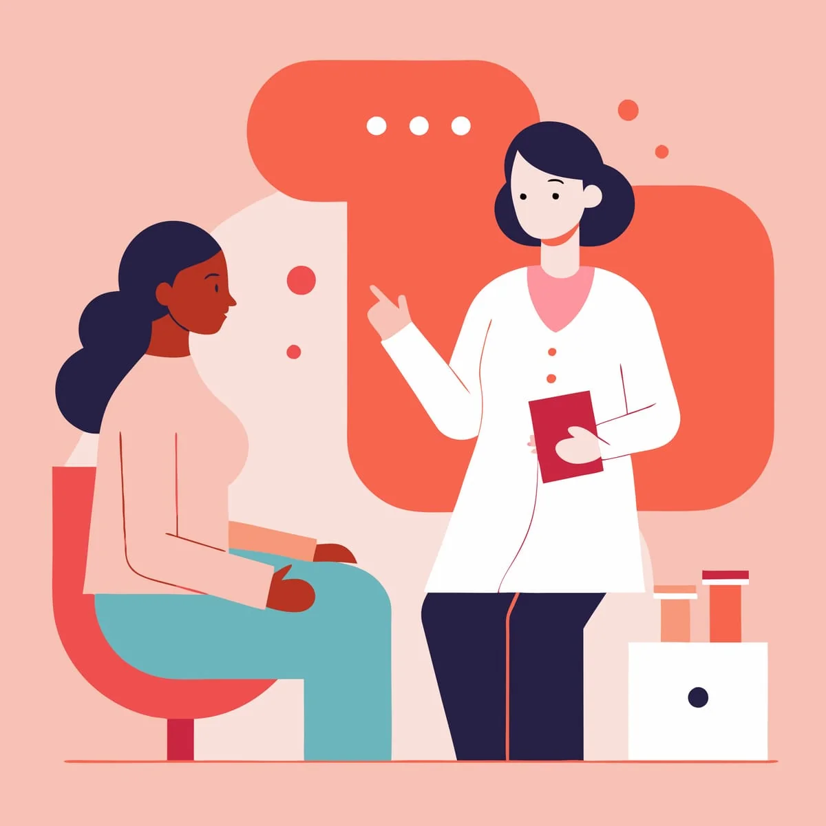 Psicóloga conversa con una paciente durante una evaluación clínica