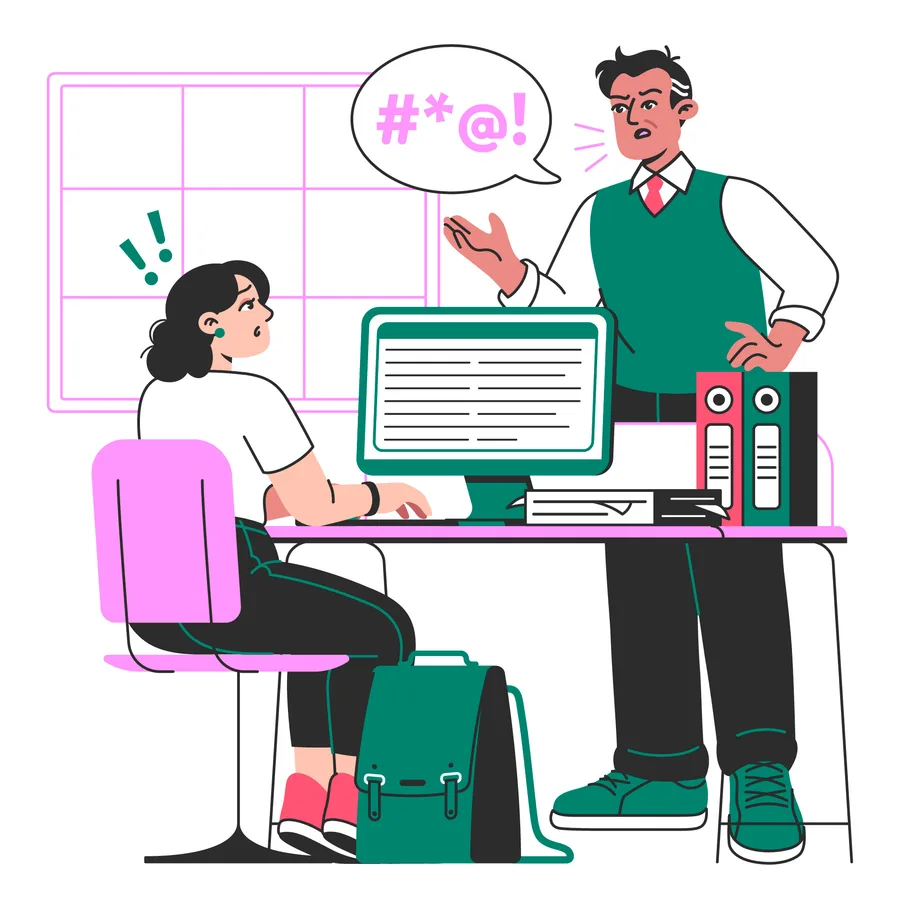 Ilustración de acoso laboral: una jefatura grita a una persona sentada en su escritorio