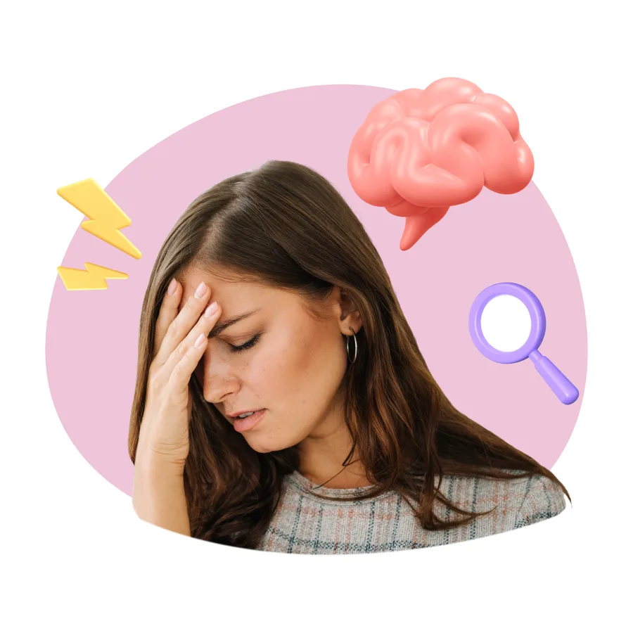 Ilustración de ansiedad: mujer con la mano en la frente rodeada de pensamientos en espiral