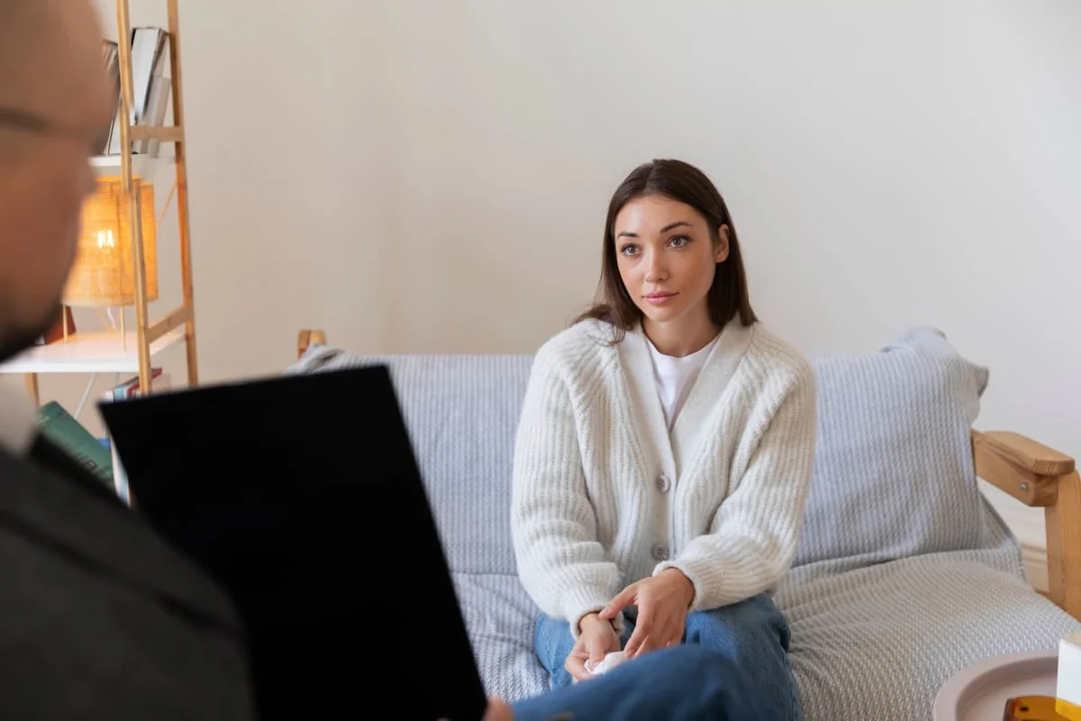 Mujer en una sesión de terapia individual escuchando a su psicólogo