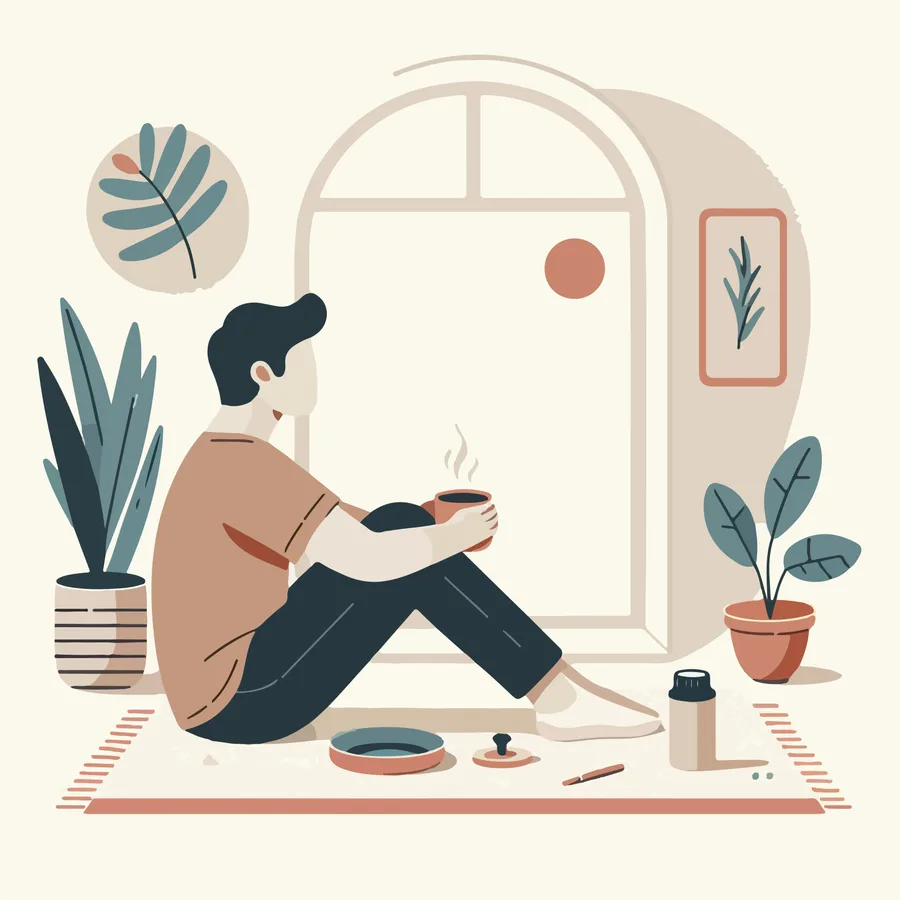 Ilustración de la soledad: persona sola junto a una ventana con una taza caliente