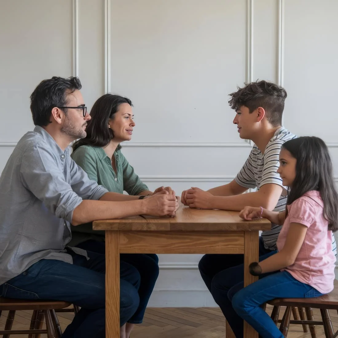Familia —padres, un adolescente y una niña— conversa en terapia por conflictos entre padres e hijos