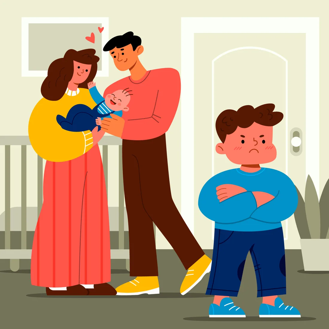 Padres con un bebé recién nacido mientras el hijo mayor observa, una etapa de transición familiar