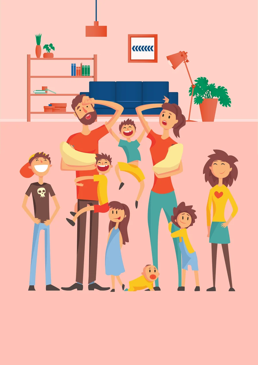 Ilustración de una familia numerosa reconstituida con padres que se ven abrumados