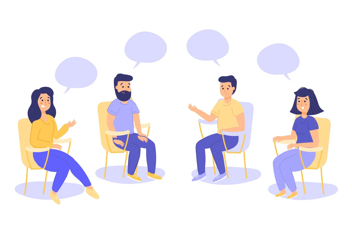 Ilustración del enfoque sistémico en terapia familiar: varias personas conversando sentadas en círculo
